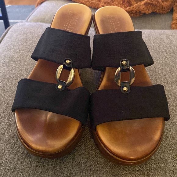 Italian Shoemakers Black Nylon Brass And Leather Wedge Sandal Womens Size 9 - Picture 15 of 15